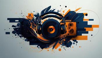 Background banner Music and sound with some technology, orange and dark blue color.Gold music notes and treble clef on line wave of sound tune. illustration template for music festival photo