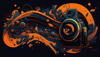 Background banner Music and sound with some technology, orange and dark blue color.Gold music notes and treble clef on line wave of sound tune. illustration template for music festival photo