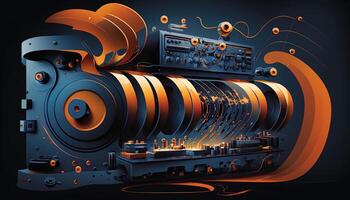 Background banner Music and sound with some technology, orange and dark blue color.Gold music notes and treble clef on line wave of sound tune. illustration template for music festival photo