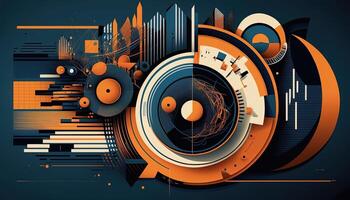 Background banner Music and sound with some technology, orange and dark blue color.Gold music notes and treble clef on line wave of sound tune. illustration template for music festival photo