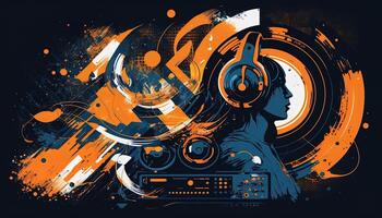 Background banner Music and sound with some technology, orange and dark blue color.Gold music notes and treble clef on line wave of sound tune. illustration template for music festival photo