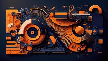 generativo ai antecedentes bandera música y sonido con algunos tecnología, naranja y oscuro azul color.oro música notas y triplicar clave en línea ola de sonido melodía. ilustración modelo para música festival foto