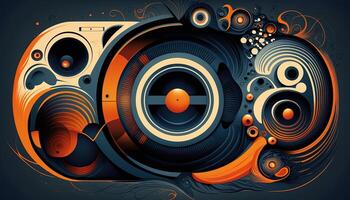 Background banner Music and sound with some technology, orange and dark blue color.Gold music notes and treble clef on line wave of sound tune. illustration template for music festival photo