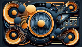 Background banner Music and sound with some technology, orange and dark blue color.Gold music notes and treble clef on line wave of sound tune. illustration template for music festival photo