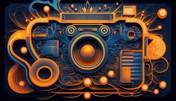 Background banner Music and sound with some technology, orange and dark blue color.Gold music notes and treble clef on line wave of sound tune. illustration template for music festival photo