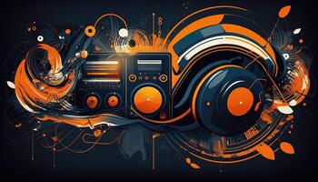 Background banner Music and sound with some technology, orange and dark blue color.Gold music notes and treble clef on line wave of sound tune. illustration template for music festival photo