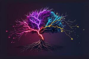 Neurons, synapses, bright colors, lightning bolts, stars, linkedin colors, splash elements. Brain neurons and electrical signals, branching dendrites, concept. photo