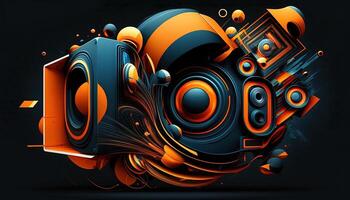 Background banner Music and sound with some technology, orange and dark blue color.Gold music notes and treble clef on line wave of sound tune. illustration template for music festival photo