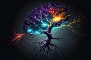 Neurons, synapses, bright colors, lightning bolts, stars, linkedin colors, splash elements. Brain neurons and electrical signals, branching dendrites, concept. photo