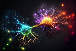 neuronas, sinapsis, brillante colores, relámpago pernos, estrellas, linkedin colores, chapoteo elementos. cerebro neuronas y eléctrico señales, derivación dendritas, concepto. generativo ai foto