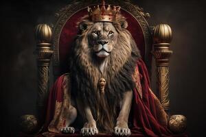 real león vistiendo un oro corona y rojo capa sentado en un dorado y rojo trono. dorado brillante Rey de ganado león en un real dorado trono.ai generativo ilustración foto