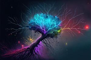 Neurons, synapses, bright colors, lightning bolts, stars, linkedin colors, splash elements. Brain neurons and electrical signals, branching dendrites, concept. photo