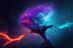 Neurons, synapses, bright colors, lightning bolts, stars, linkedin colors, splash elements. Brain neurons and electrical signals, branching dendrites, concept. photo