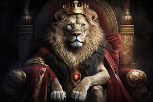 Royal lion wearing a gold crown and red cloak sitting on a golden and red throne. Golden shining king of beasts lion on a royal golden throne. illustration photo