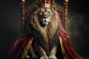 Royal lion wearing a gold crown and red cloak sitting on a golden and red throne. Golden shining king of beasts lion on a royal golden throne. illustration photo