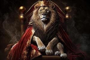 Royal lion wearing a gold crown and red cloak sitting on a golden and red throne. Golden shining king of beasts lion on a royal golden throne. illustration photo