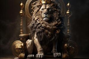 Royal lion wearing a gold crown and red cloak sitting on a golden and red throne. Golden shining king of beasts lion on a royal golden throne.AI generative illustration photo