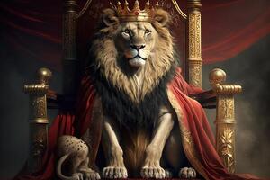 Royal lion wearing a gold crown and red cloak sitting on a golden and red throne. Golden shining king of beasts lion on a royal golden throne. illustration photo