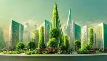 Spectacular eco-futuristic cityscape full with greenery, skyscrapers, parks, and other manmade green spaces in urban area. Green garden in modern city. photo