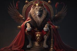 Royal lion wearing a gold crown and red cloak sitting on a golden and red throne. Golden shining king of beasts lion on a royal golden throne. illustration photo