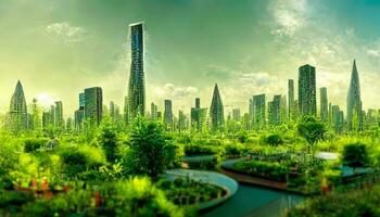 Spectacular eco-futuristic cityscape full with greenery, skyscrapers, parks, and other manmade green spaces in urban area. Green garden in modern city. photo