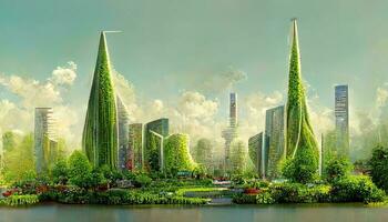 Spectacular eco-futuristic cityscape full with greenery, skyscrapers, parks, and other manmade green spaces in urban area. Green garden in modern city. photo