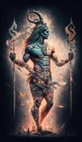 generativo ai hindú Dios shiva, vistoso indio hindú Dios shiva mano participación tridente. Dios shiva épico actitud con trishula, magia en mano para camiseta imprimir, póster - hindú religioso Arte. foto