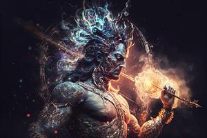 generativo ai hindú Dios shiva, vistoso indio hindú Dios shiva mano participación tridente. Dios shiva épico actitud con trishula, magia en mano para camiseta imprimir, póster - hindú religioso Arte. foto