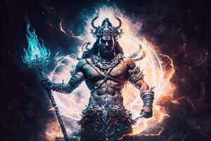 generativo ai hindú Dios shiva, vistoso indio hindú Dios shiva mano participación tridente. Dios shiva épico actitud con trishula, magia en mano para camiseta imprimir, póster - hindú religioso Arte. foto