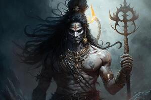 generativo ai hindú Dios shiva, vistoso indio hindú Dios shiva mano participación tridente. Dios shiva épico actitud con trishula, magia en mano para camiseta imprimir, póster - hindú religioso Arte. foto