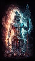 generativo ai hindú Dios shiva, vistoso indio hindú Dios shiva mano participación tridente. Dios shiva épico actitud con trishula, magia en mano para camiseta imprimir, póster - hindú religioso Arte. foto