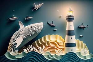 a top view paper art of Lighthouses and whales on the sea, sunny. Perfect for your project, texture, blog,gift paper, wrapping and environment. photo