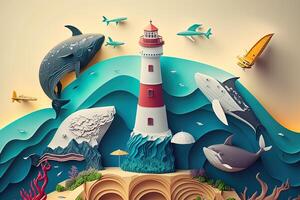 a top view paper art of Lighthouses and whales on the sea, sunny. Perfect for your project, texture, blog,gift paper, wrapping and environment. photo