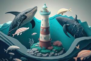 a top view paper art of Lighthouses and whales on the sea, sunny. Perfect for your project, texture, blog,gift paper, wrapping and environment. photo