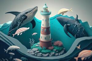 a top view paper art of Lighthouses and whales on the sea, sunny. Perfect for your project, texture, blog,gift paper, wrapping and environment. photo
