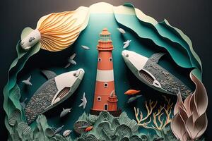 a top view paper art of Lighthouses and whales on the sea, sunny. Perfect for your project, texture, blog,gift paper, wrapping and environment. photo