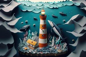 a top view paper art of Lighthouses and whales on the sea, sunny. Perfect for your project, texture, blog,gift paper, wrapping and environment. photo