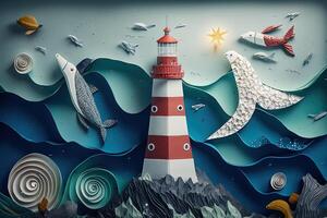 a top view paper art of Lighthouses and whales on the sea, sunny. Perfect for your project, texture, blog,gift paper, wrapping and environment. photo