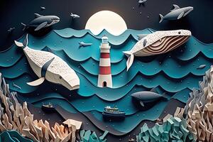 a top view paper art of Lighthouses and whales on the sea, sunny. Perfect for your project, texture, blog,gift paper, wrapping and environment. photo