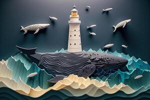 a top view paper art of Lighthouses and whales on the sea, sunny. Perfect for your project, texture, blog,gift paper, wrapping and environment. photo