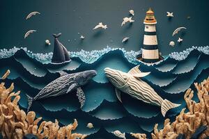 a top view paper art of Lighthouses and whales on the sea, sunny. Perfect for your project, texture, blog,gift paper, wrapping and environment. photo