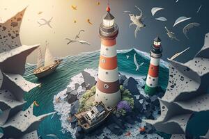 a top view paper art of Lighthouses and whales on the sea, sunny. Perfect for your project, texture, blog,gift paper, wrapping and environment. photo