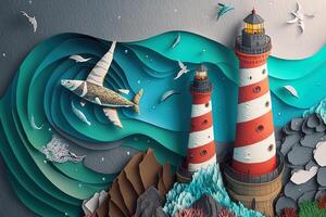 a top view paper art of Lighthouses and whales on the sea, sunny. Perfect for your project, texture, blog,gift paper, wrapping and environment. photo