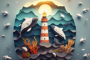 a top view paper art of Lighthouses and whales on the sea, sunny. Perfect for your project, texture, blog,gift paper, wrapping and environment. photo