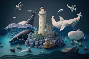 a top view paper art of Lighthouses and whales on the sea, sunny. Perfect for your project, texture, blog,gift paper, wrapping and environment. photo