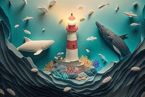 a top view paper art of Lighthouses and whales on the sea, sunny. Perfect for your project, texture, blog,gift paper, wrapping and environment. photo