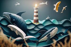 a top view paper art of Lighthouses and whales on the sea, sunny. Perfect for your project, texture, blog,gift paper, wrapping and environment. photo