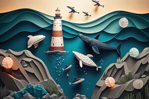 a top view paper art of Lighthouses and whales on the sea, sunny. Perfect for your project, texture, blog,gift paper, wrapping and environment. photo