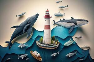 a top view paper art of Lighthouses and whales on the sea, sunny. Perfect for your project, texture, blog,gift paper, wrapping and environment. photo