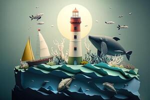 a top view paper art of Lighthouses and whales on the sea, sunny. Perfect for your project, texture, blog,gift paper, wrapping and environment. photo